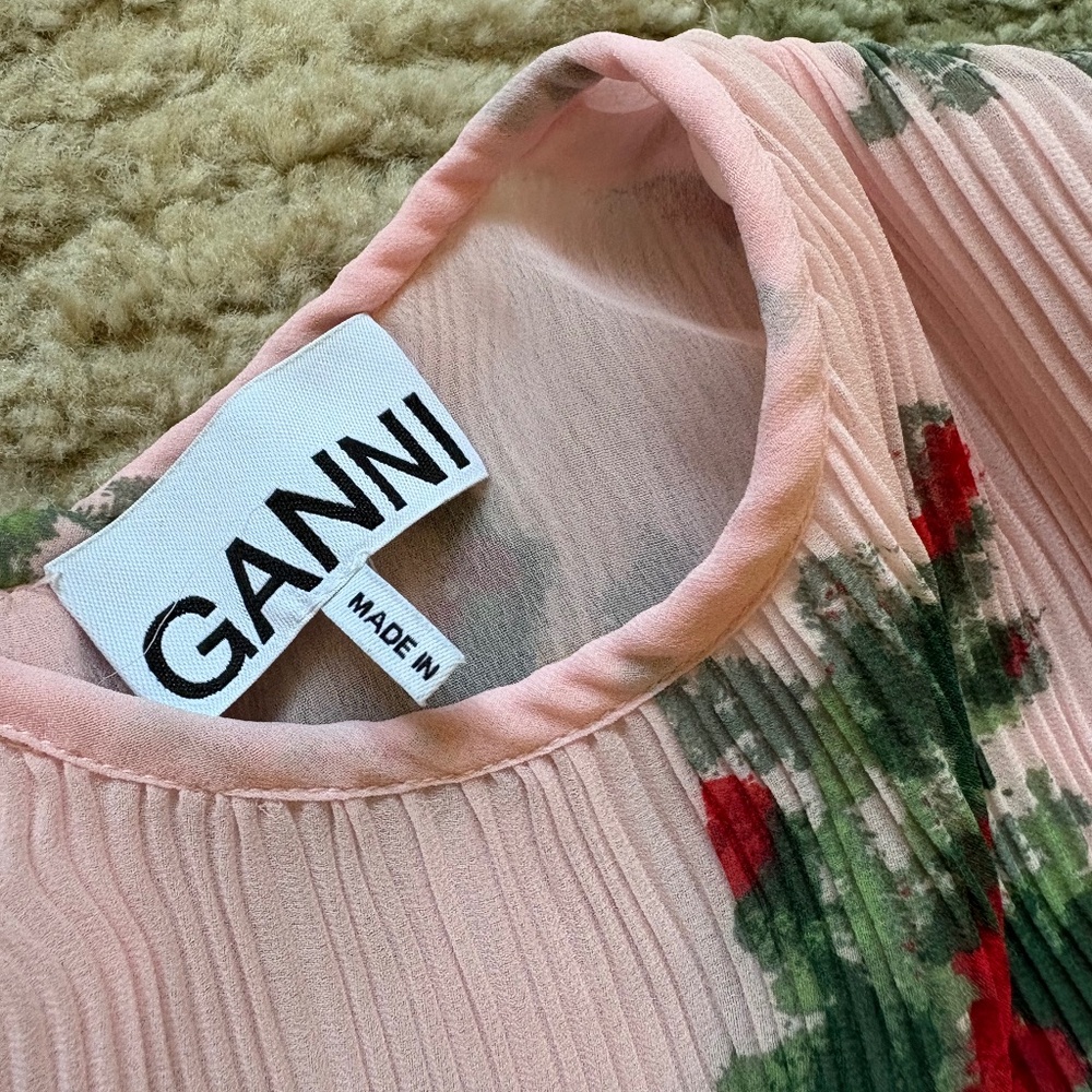 Ganni Georgette Pink Mini Floral Crepe Tiered Dress